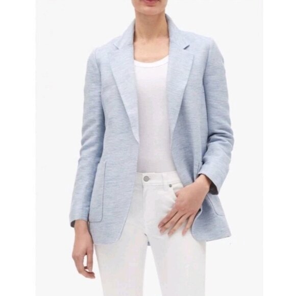 Zara Linen Cotton Blend Heather Blue Open Boyfriend Blazer Jacket L Large - Picture 1 of 14
